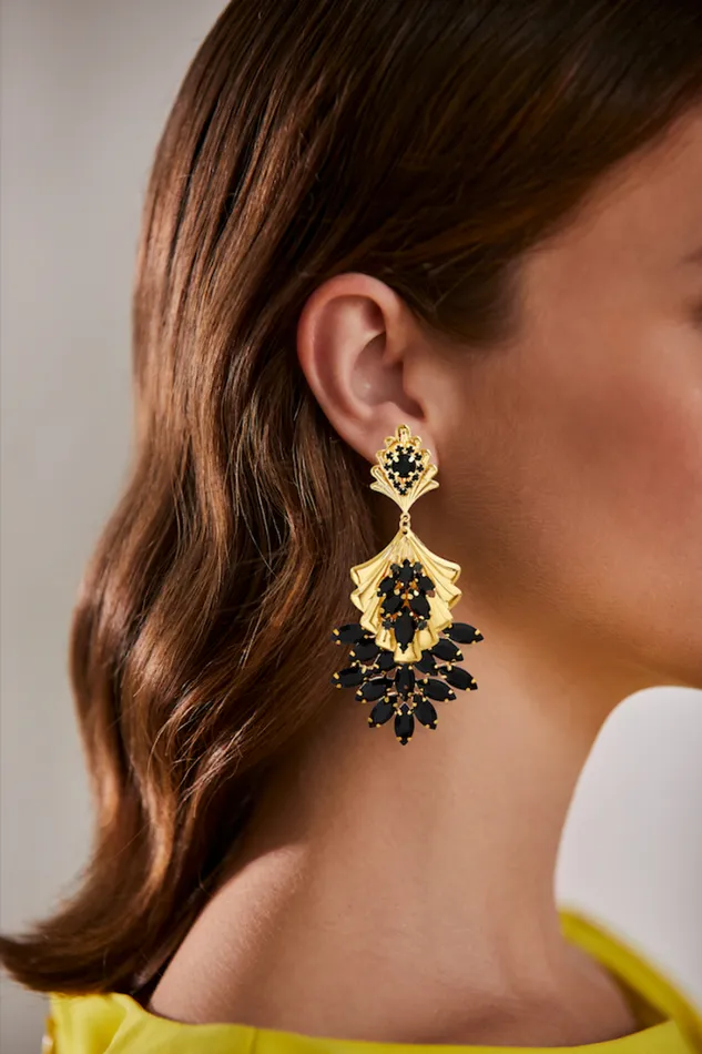 Women Fashion Jewelry Badgley Mischka Black And Gold Floral Leaf Statement Drop Earring