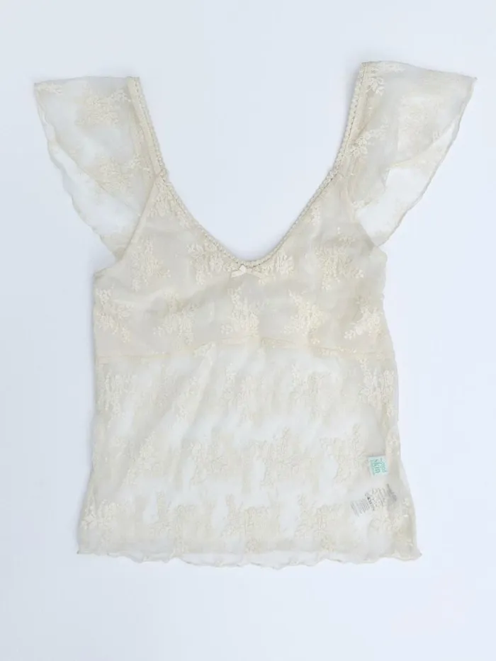 Women Floral Lace Flutter Sleeve Top Cream Lisa Says Gah Sleeveless Tops
