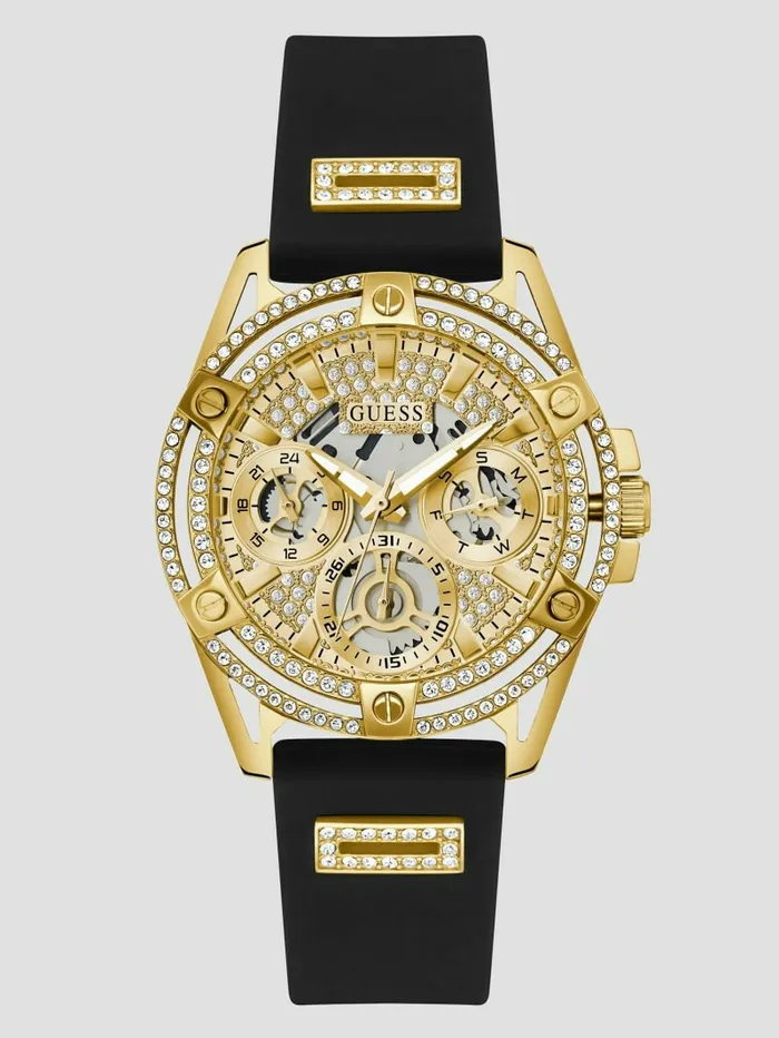 Women GoldTone and Black Silicone Multifunction Watch Black Snakeskin Watches GUESS Women GoldTone and Black Silicone Multifunction Watch Black Snakeskin Watches GUESS