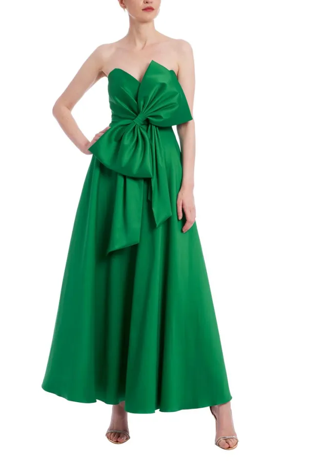 Women Gowns Badgley Mischka Strapless ALine Midi Dress Emerald