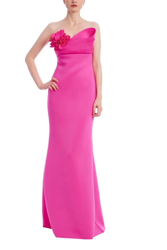 Women Gowns Badgley Mischka Strapless Floral Applique Gown Fuchsia
