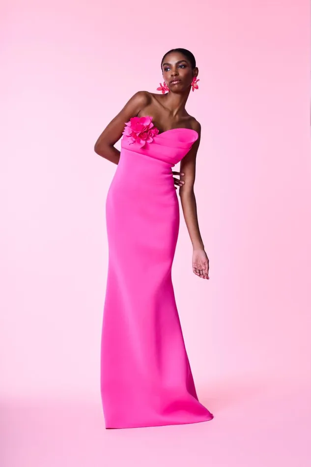 Women Gowns Badgley Mischka Strapless Floral Applique Gown Fuchsia