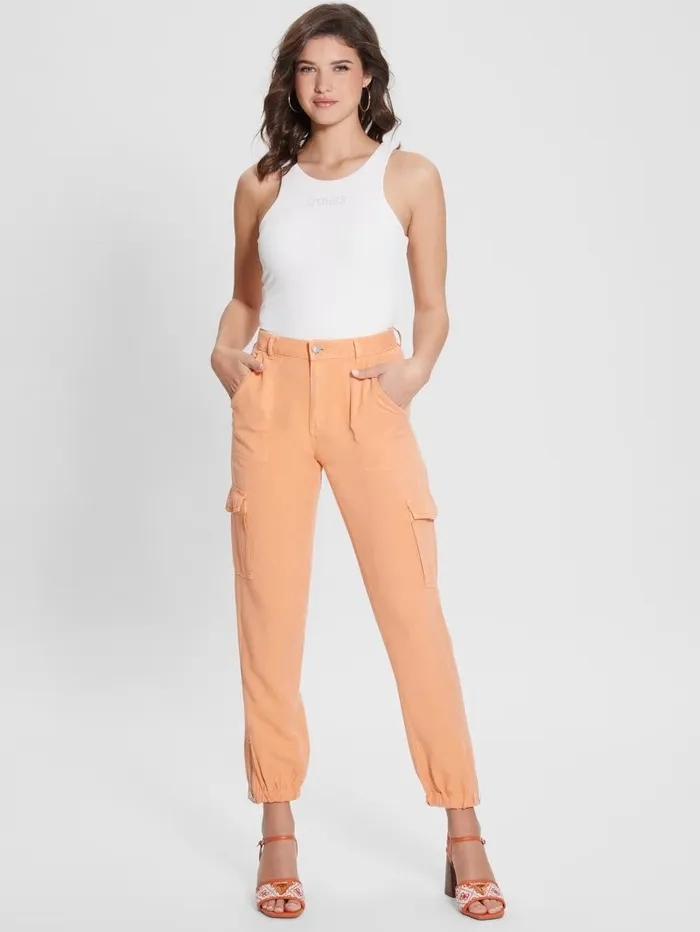 Women GUESS Bowie Chino Cargo Pants Sweet Peach Multi Bottoms