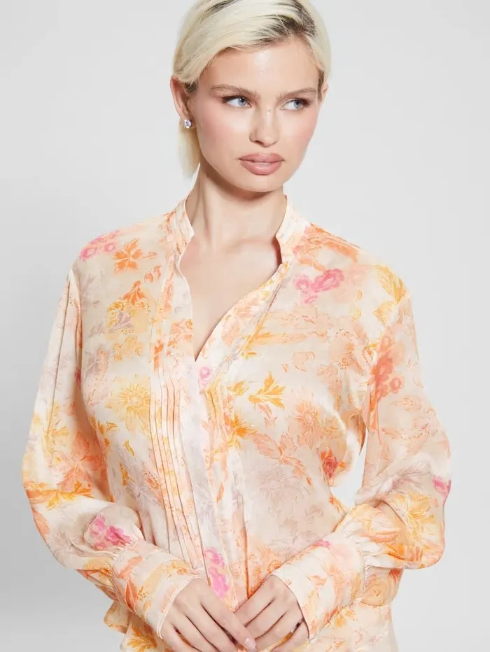 Women GUESS Eco Monica Chiffon LongSleeve Top Tangerine Bloom Tops