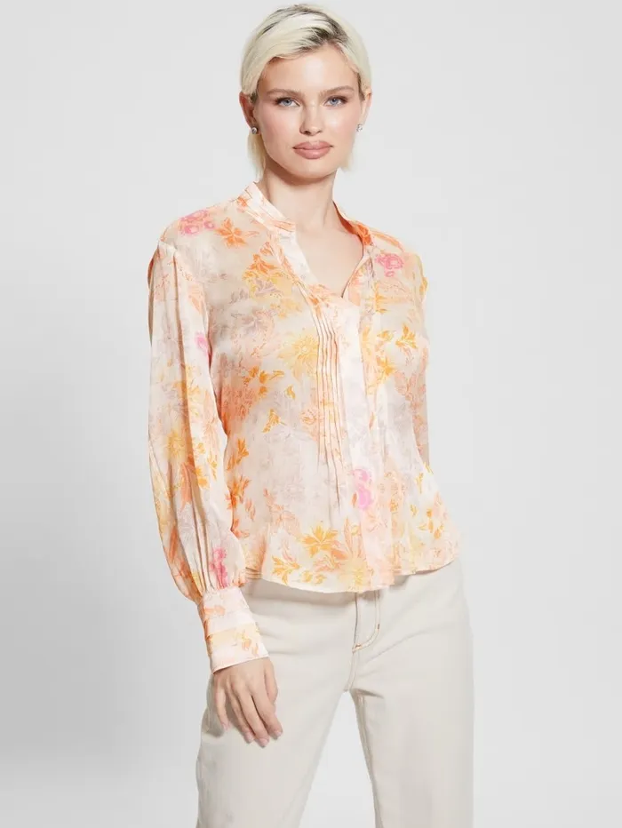Women GUESS Eco Monica Chiffon LongSleeve Top Tangerine Bloom Tops Women GUESS Eco Monica Chiffon LongSleeve Top Tangerine Bloom Tops