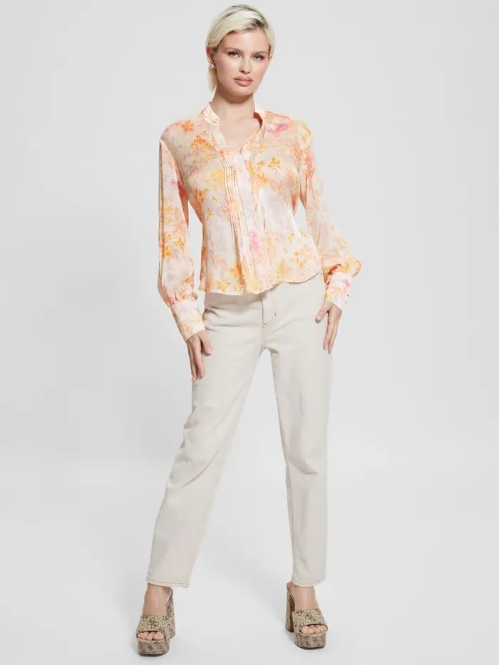 Women GUESS Eco Monica Chiffon LongSleeve Top Tangerine Bloom Tops Women GUESS Eco Monica Chiffon LongSleeve Top Tangerine Bloom Tops