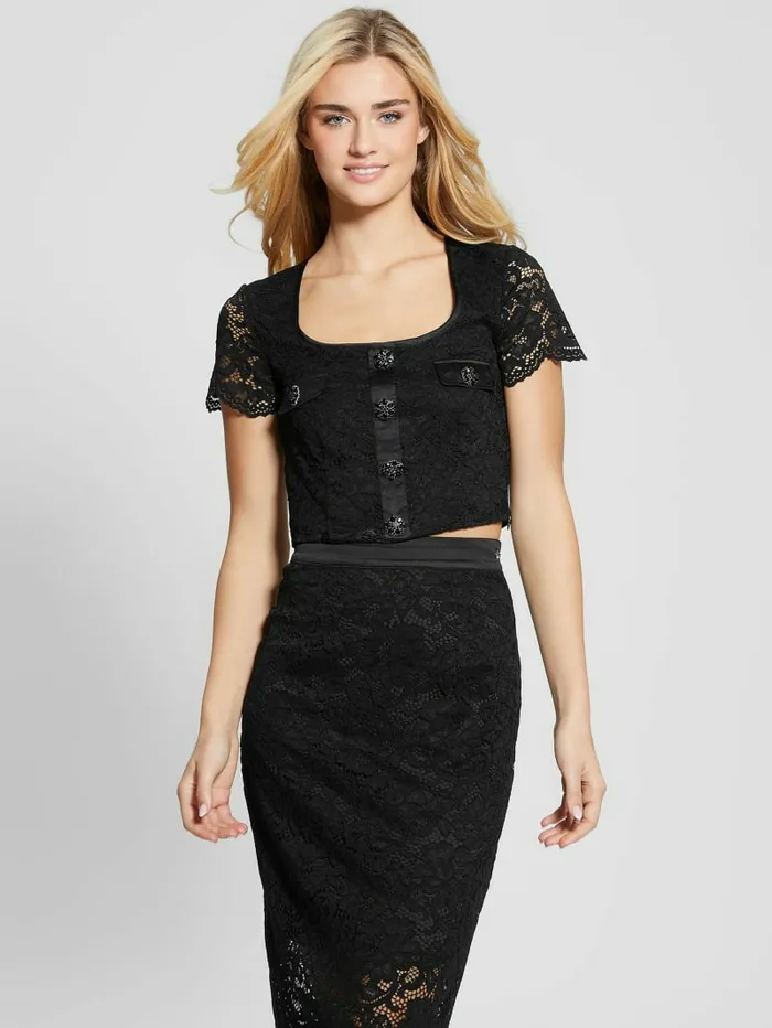 Women GUESS Erika Lace Crop Top Black Tops