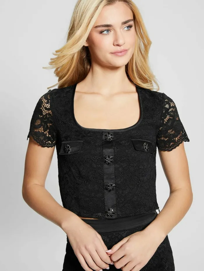 Women GUESS Erika Lace Crop Top Black Tops Women GUESS Erika Lace Crop Top Black Tops