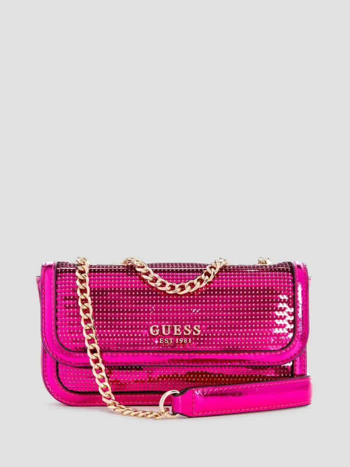 Women GUESS Kaska Sequin Convertible Mini Crossbody Fuchsia Handbags