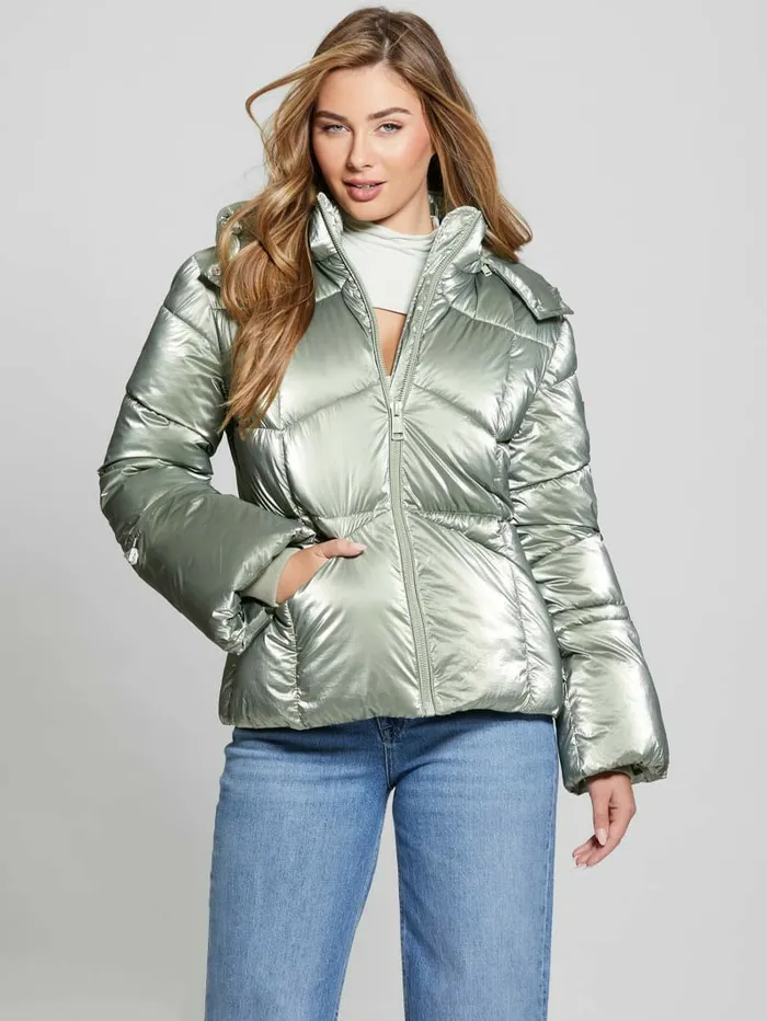Women GUESS Paloma Nylon Puffer Hooded Jacket Sage Leaf Multi Jackets and Coats Women GUESS Paloma Nylon Puffer Hooded Jacket Sage Leaf Multi Jackets and Coats