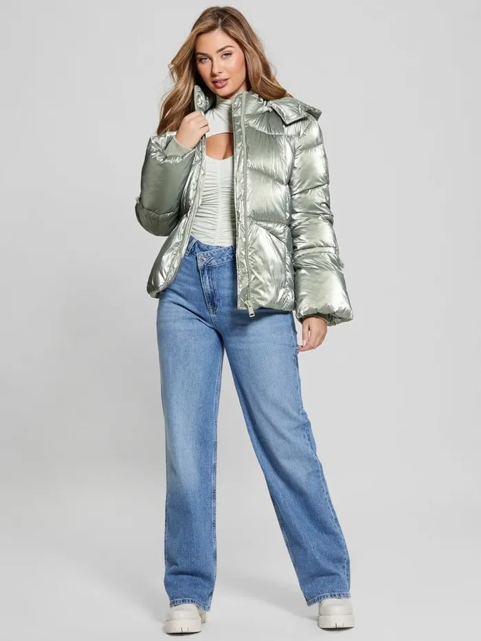 Women GUESS Paloma Nylon Puffer Hooded Jacket Sage Leaf Multi Jackets and Coats Women GUESS Paloma Nylon Puffer Hooded Jacket Sage Leaf Multi Jackets and Coats
