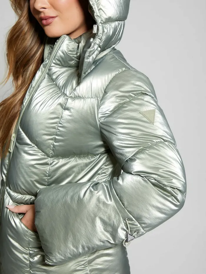 Women GUESS Paloma Nylon Puffer Hooded Jacket Sage Leaf Multi Jackets and Coats Women GUESS Paloma Nylon Puffer Hooded Jacket Sage Leaf Multi Jackets and Coats