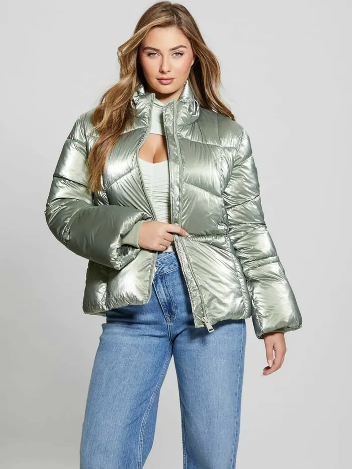 Women GUESS Paloma Nylon Puffer Hooded Jacket Sage Leaf Multi Jackets and Coats Women GUESS Paloma Nylon Puffer Hooded Jacket Sage Leaf Multi Jackets and Coats