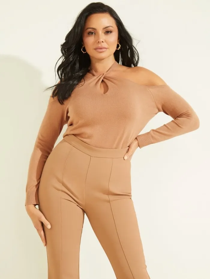 Women GUESS Priya ColdShoulder Sweater Top Shiitake Brown Tops