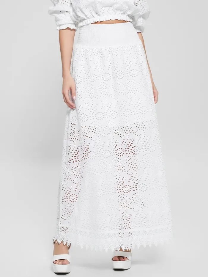 Women GUESS Sangallo Rafa Long Skirt Pure White Bottoms