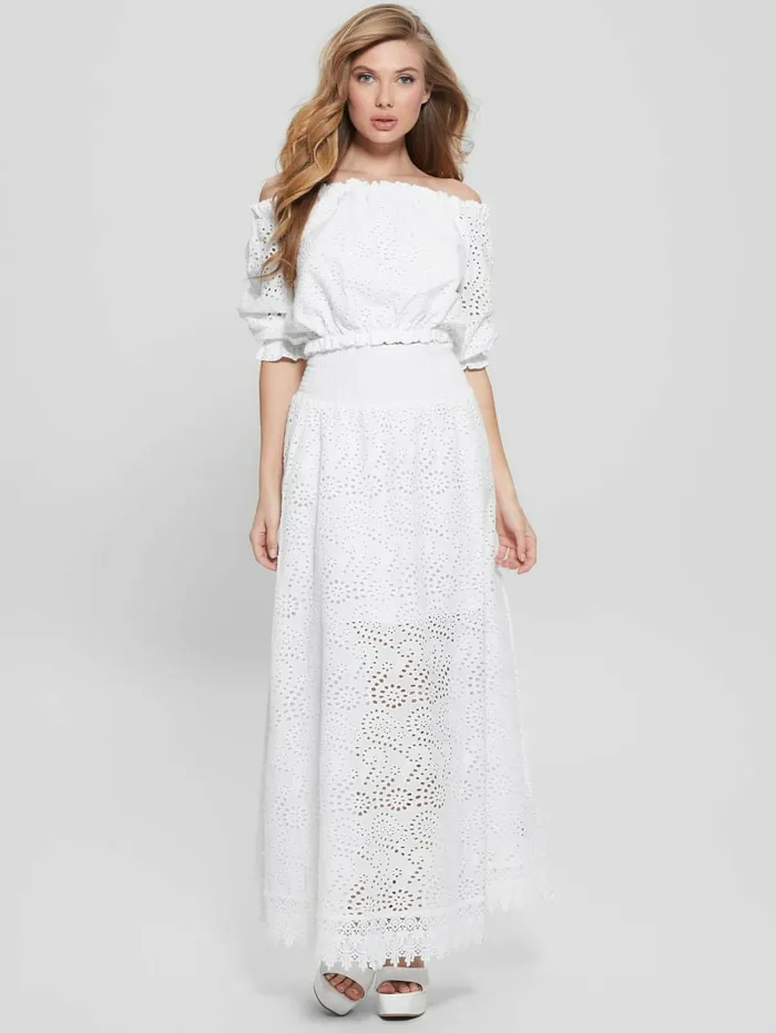 Women GUESS Sangallo Rafa Long Skirt Pure White Bottoms Women GUESS Sangallo Rafa Long Skirt Pure White Bottoms