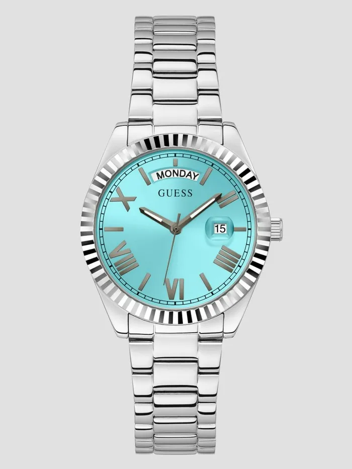 Women GUESS SilverTone and Teal Textured Analog Watch Silver Watches