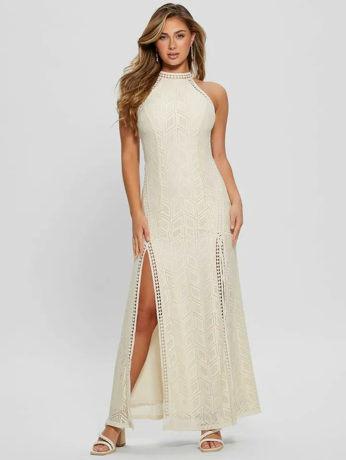 Women GUESS Sunset Lace Maxi Dress Dove White Dresses and Jumpsuits