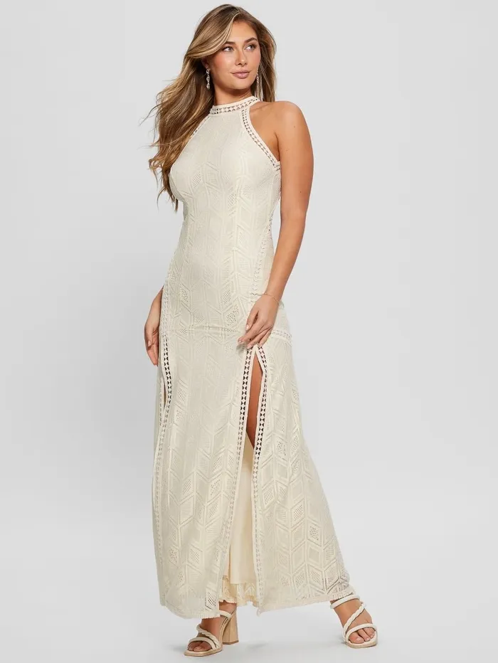 Women GUESS Sunset Lace Maxi Dress Dove White Dresses and Jumpsuits