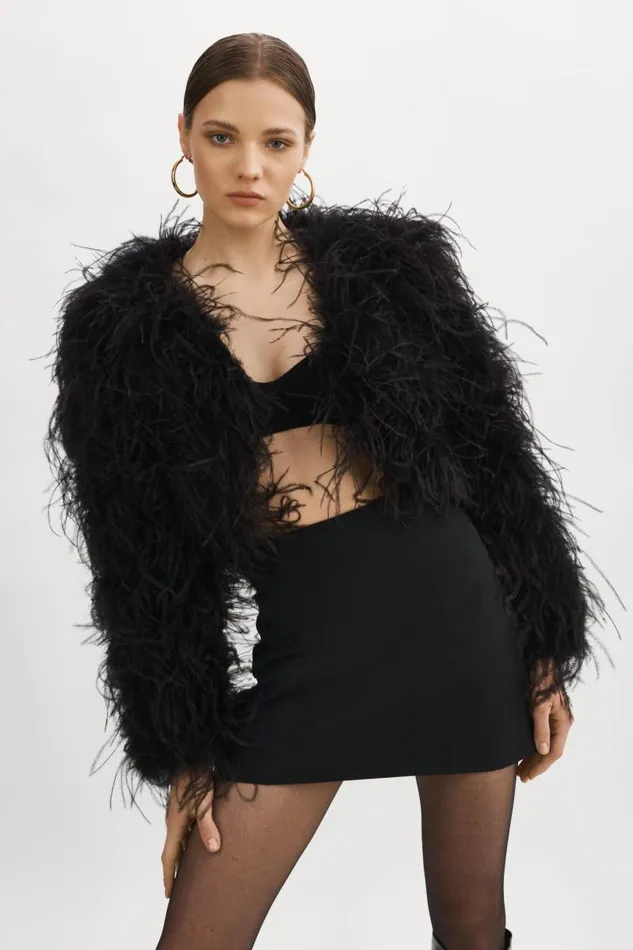 Women HALLIE Ostrich Feather Jacket Black LAMARQUE Feather Jackets