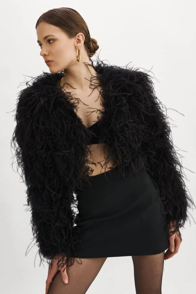 Women HALLIE Ostrich Feather Jacket Black LAMARQUE Feather Jackets