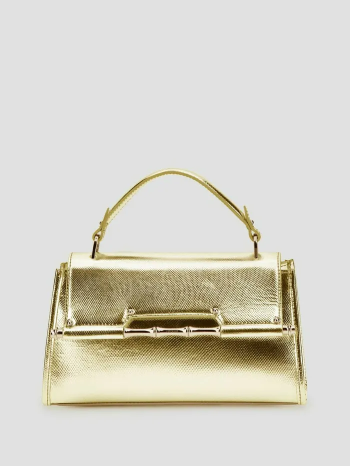Women Handbags GUESS Iris Metallic Leather Top Handle Bag Gold