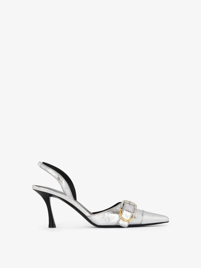 Women Heels Givenchy Voyou Slingbacks In Laminated Leather Silvery