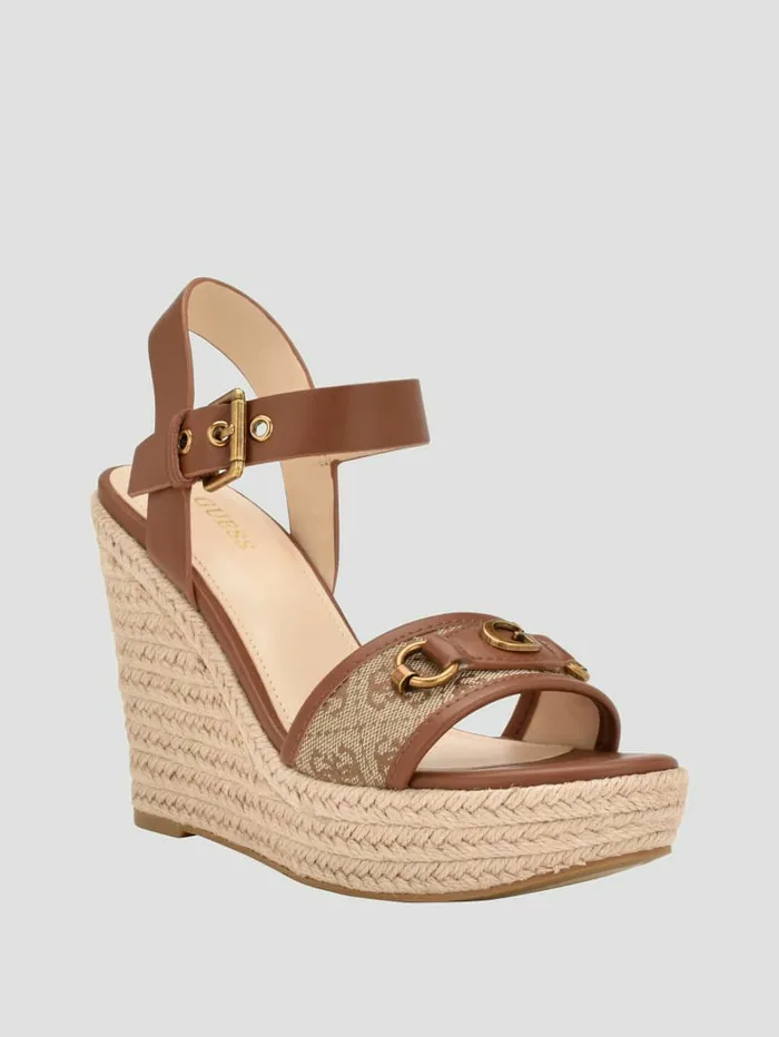 Women Heels GUESS Hisley Wedge Sandals Medium Brown
