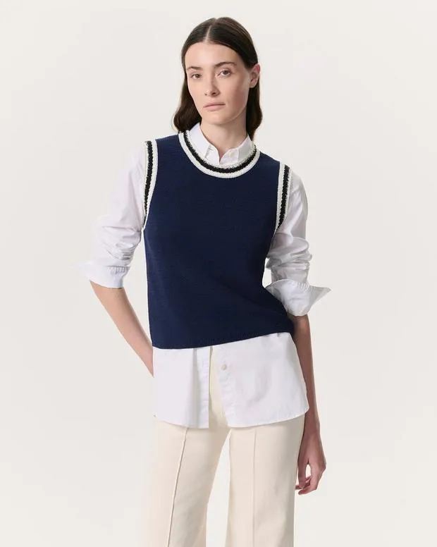 Women Jeans rag and bone Meghan Striped CrochetTrim Sweater Vest Navy