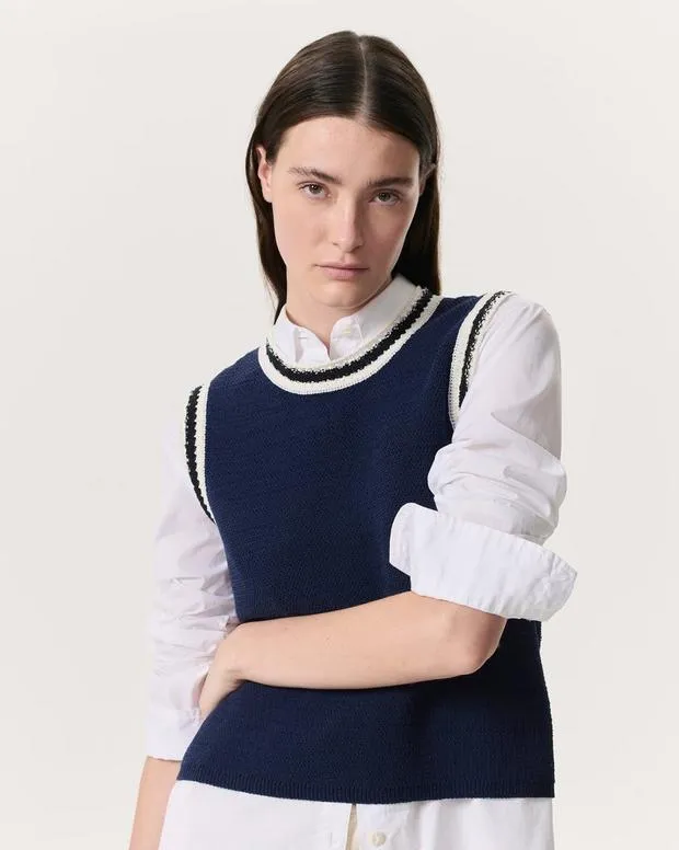 Women Jeans rag and bone Meghan Striped CrochetTrim Sweater Vest Navy