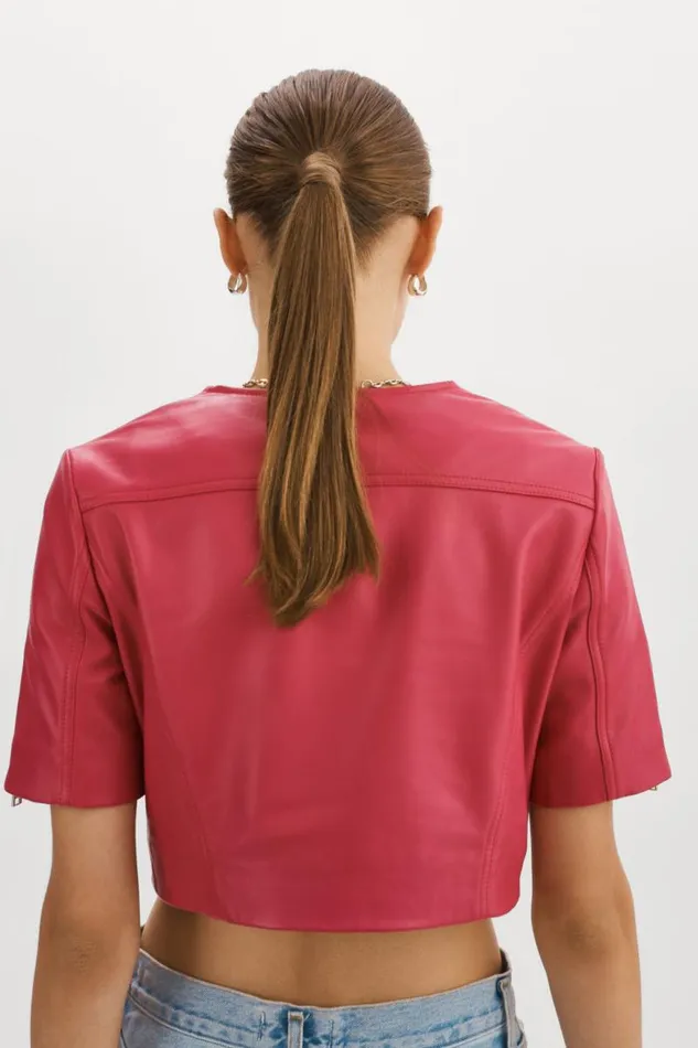 Women KIRSI Cropped Biker Jacket Berry LAMARQUE Short Sleeve Jackets