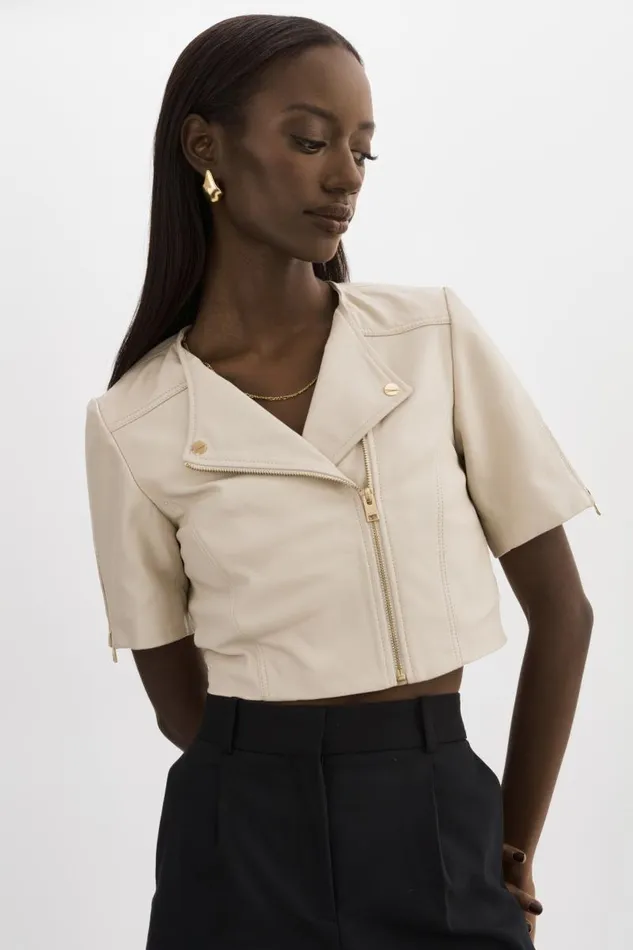 Women KIRSI GOLD Cropped Biker Jacket Bone LAMARQUE Short Sleeve Jackets