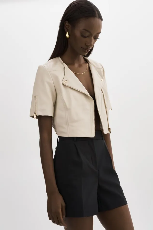Women KIRSI GOLD Cropped Biker Jacket Bone LAMARQUE Short Sleeve Jackets