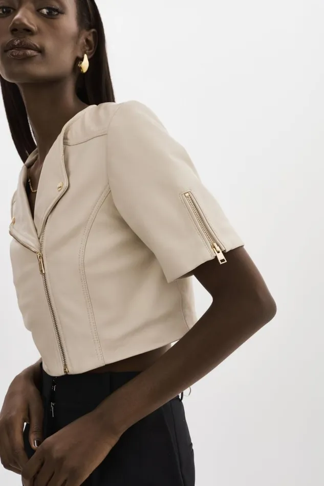 Women KIRSI GOLD Cropped Biker Jacket Bone LAMARQUE Short Sleeve Jackets