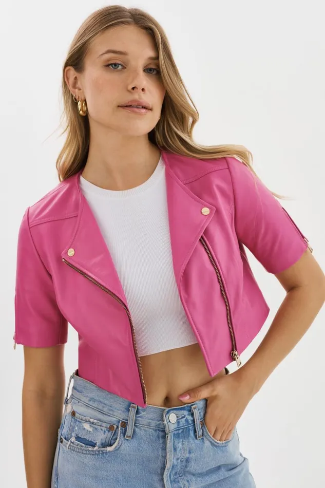 Women KIRSI GOLD Cropped Biker Jacket Super Pink LAMARQUE Leather Jackets