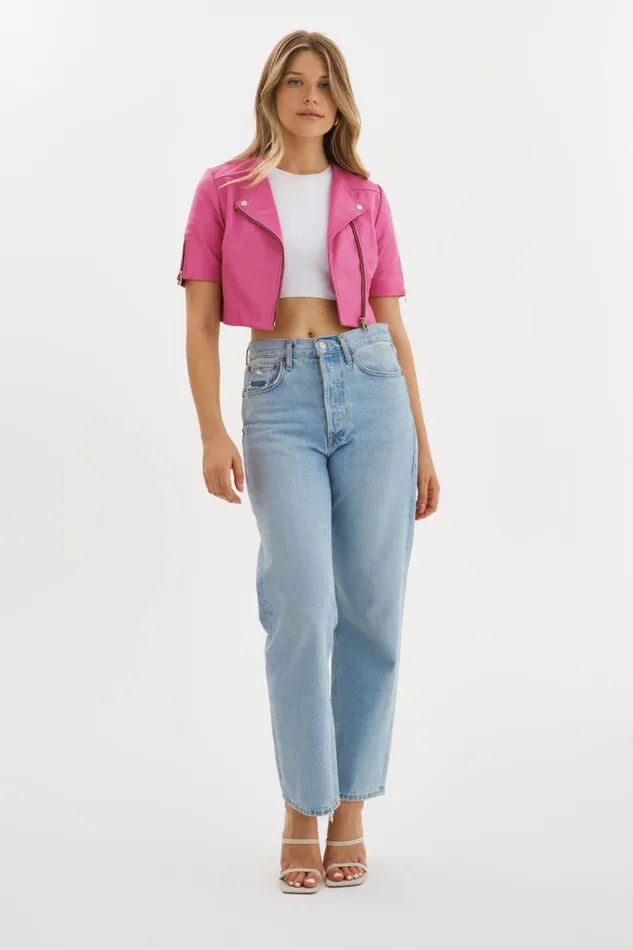 Women KIRSI GOLD Cropped Biker Jacket Super Pink LAMARQUE Leather Jackets