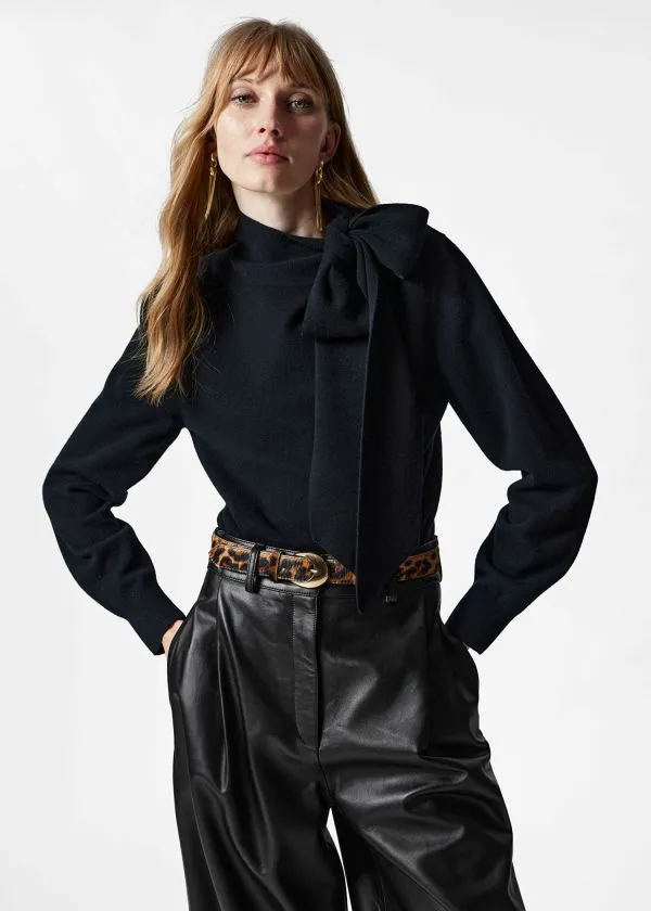 Women Knitwear and Other Stories Merino TieNeck Jumper Black