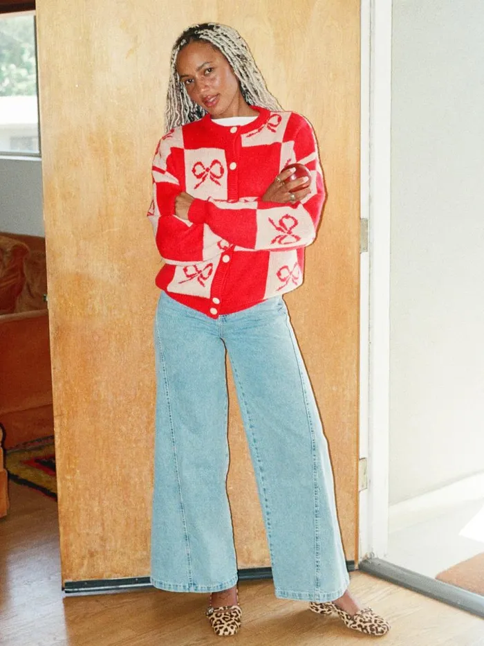 Women Lauda Cardi Cherry Bow Check Lisa Says Gah Tops