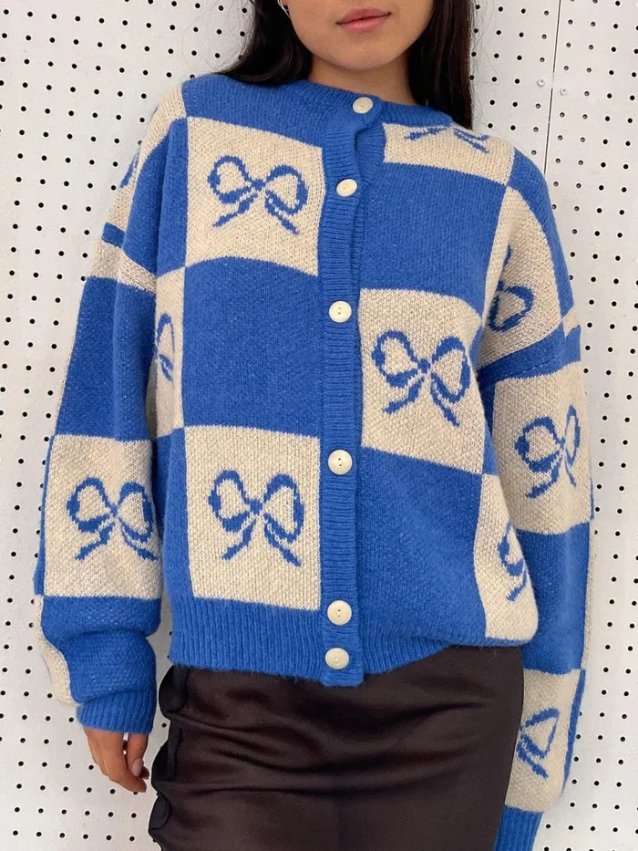 Women Lauda Cardi Navy Bow Check Lisa Says Gah Sweaters