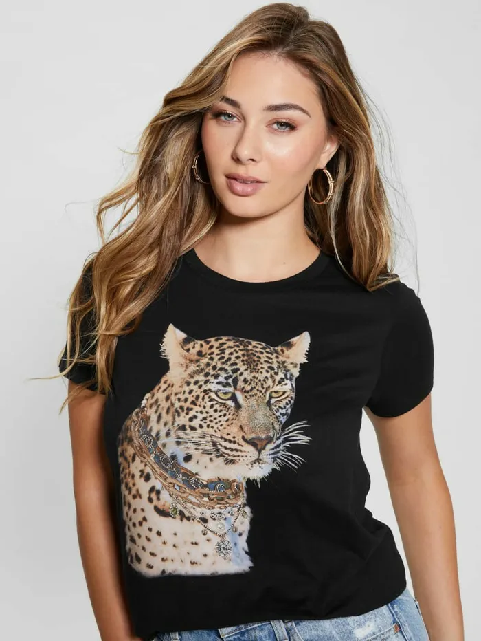 Women Leopard Jewelry Tee Black Tops GUESS Women Leopard Jewelry Tee Black Tops GUESS