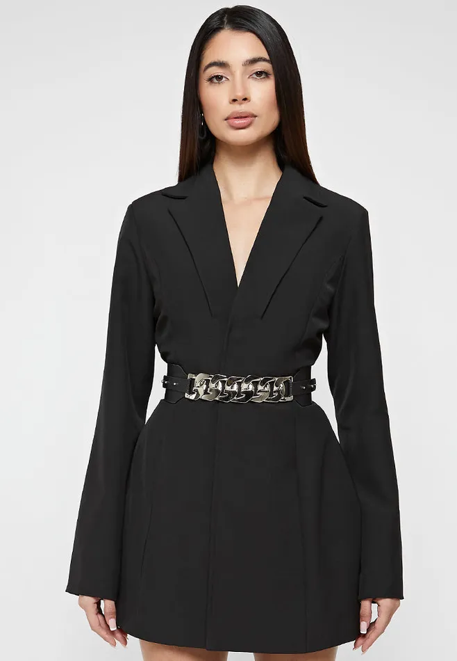Women Manire De Voir Chain Belted Blazer Dress Black