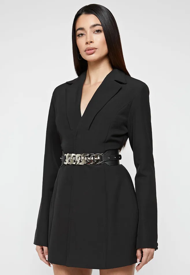 Women Manire De Voir Chain Belted Blazer Dress Black