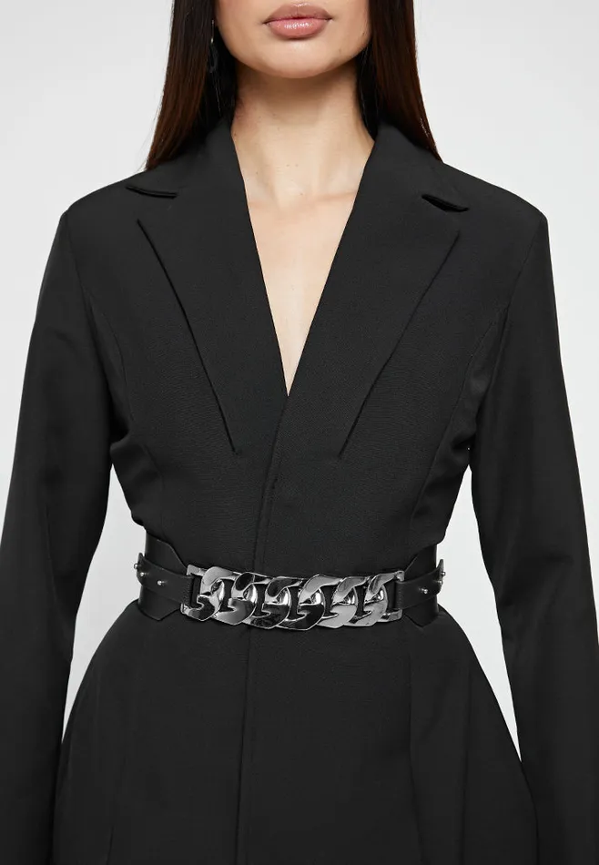 Women Manire De Voir Chain Belted Blazer Dress Black