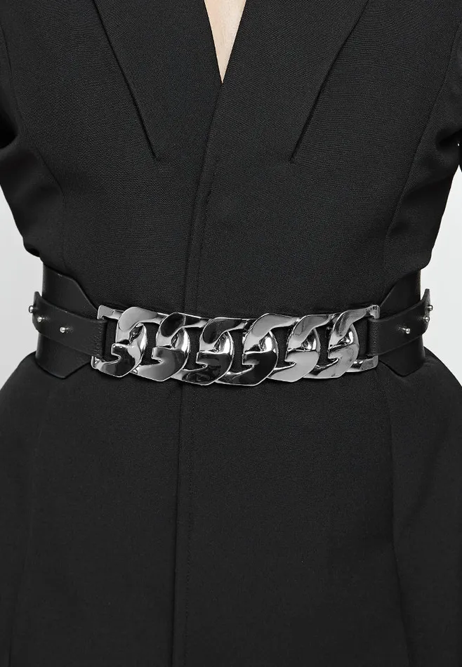 Women Manire De Voir Chain Belted Blazer Dress Black