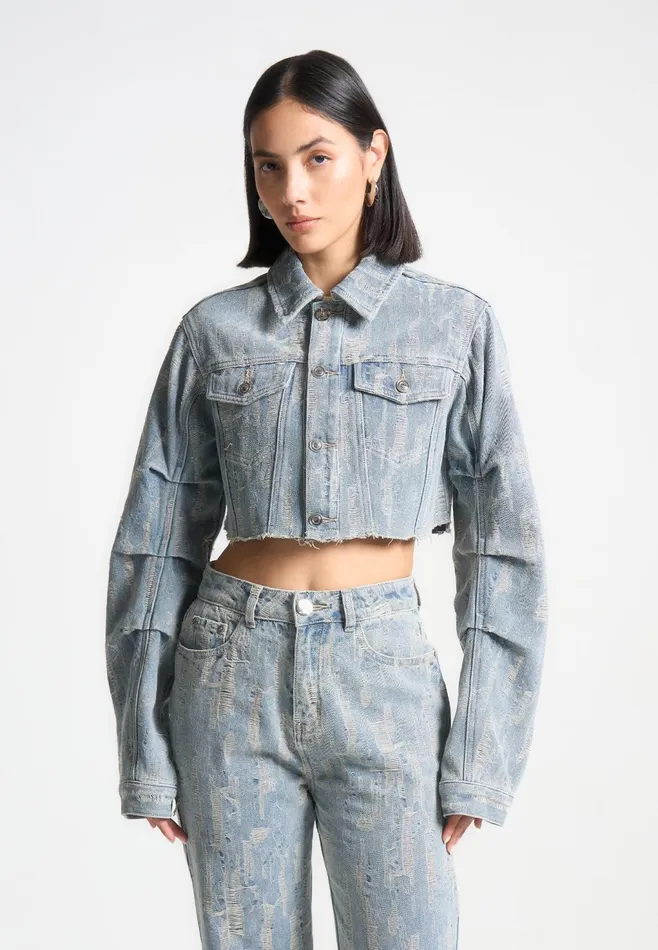 Women Manire De Voir Cropped Distressed Denim Jacket Mid Blue