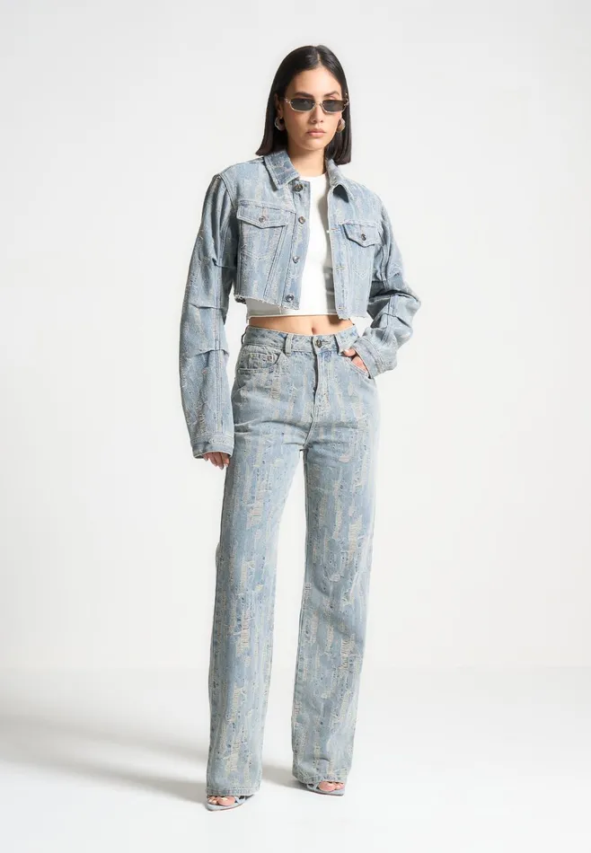 Women Manire De Voir Cropped Distressed Denim Jacket Mid Blue