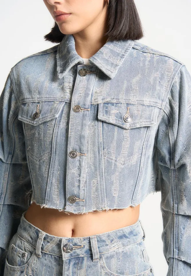 Women Manire De Voir Cropped Distressed Denim Jacket Mid Blue