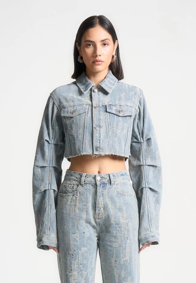 Women Manire De Voir Cropped Distressed Denim Jacket Mid Blue