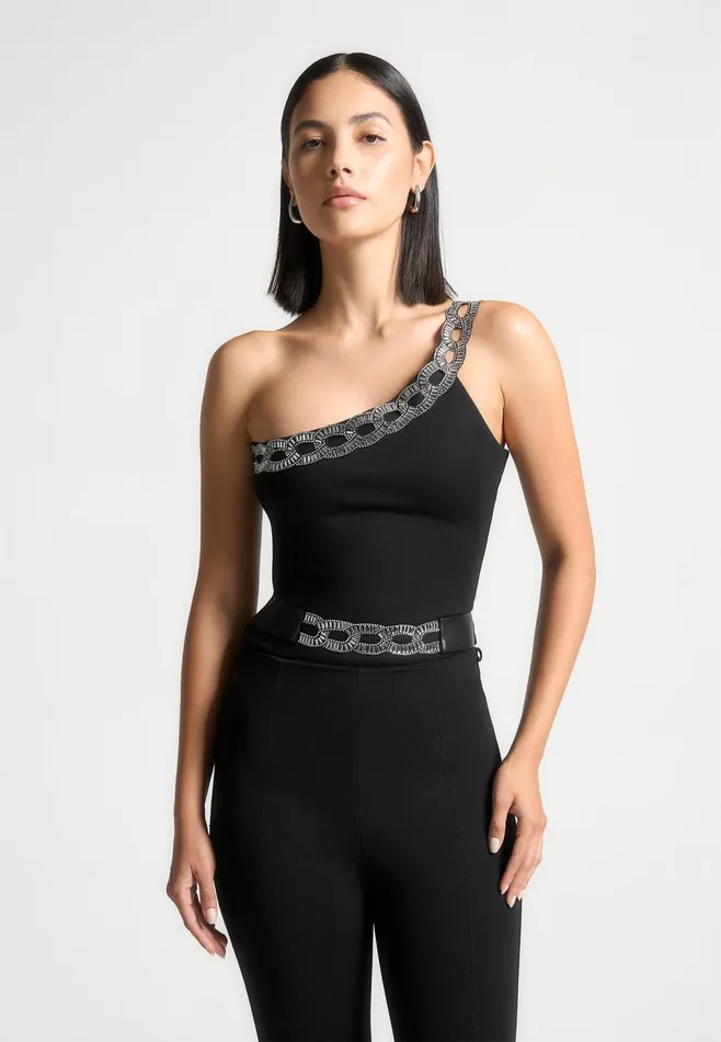 Women Manire De Voir Embellished One Shoulder Bodysuit Black