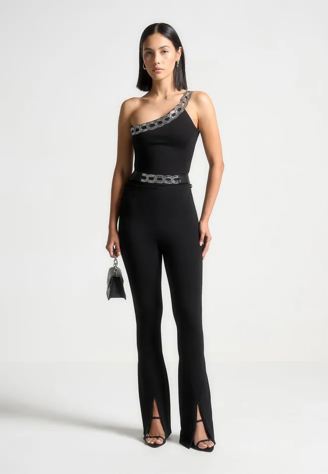 Women Manire De Voir Embellished One Shoulder Bodysuit Black